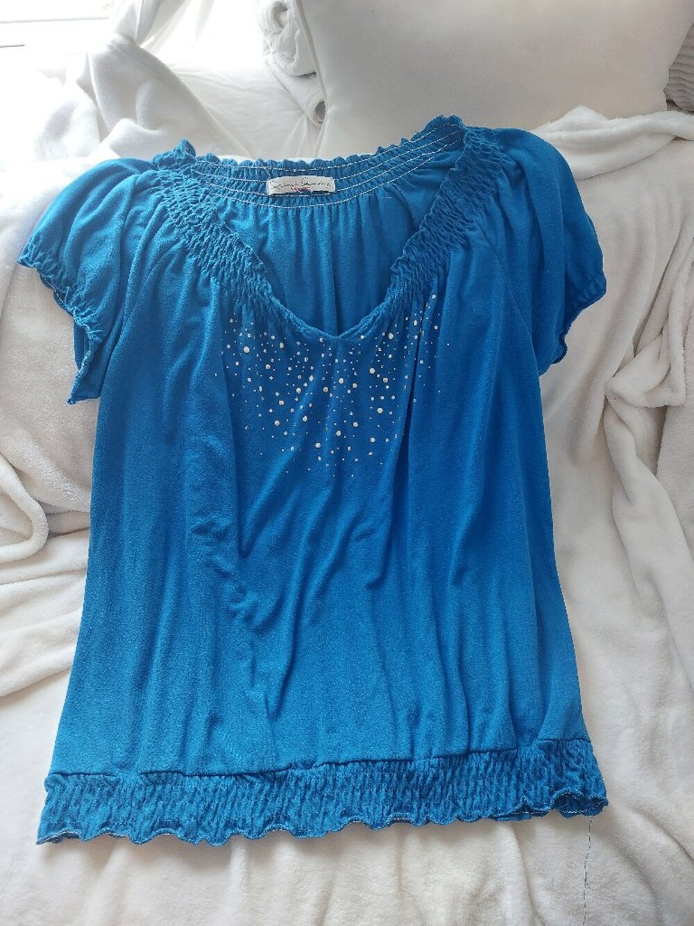 French Laundry Blue Embellished Rhinestone Studded V-Neck Top XL